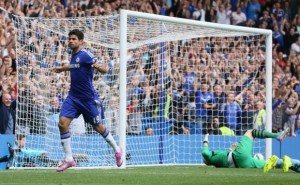 Chelsea's Costa celebrates after scoring a goal against Aston Villa during their English Premier League soccer match at Stamford Bridge in London