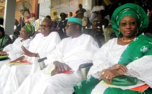 PIC. 11. FROM LEFT: EKITI STATE DEPUTY GOVERNOR, PROF. MODUPE ADELABU; FORMER HEAD OF STATE, GEN. MOHAMMADU BUHARI; GOV. KAYODE FAYEMI OF EKITI AND HIS WIFE,  BISI, AT THE INDEPENDENCE DAY AND MERIT AWARD CEREMONY IN ADO-EKITI ON  WEDNESDAY (1/10/14). 