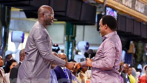 George Weah storms TB Joshua's church ahead of Linberia's presidential run off election
