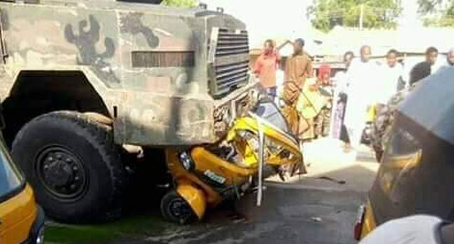 Military truck crushes tricycle rider, undergraduate, toddler