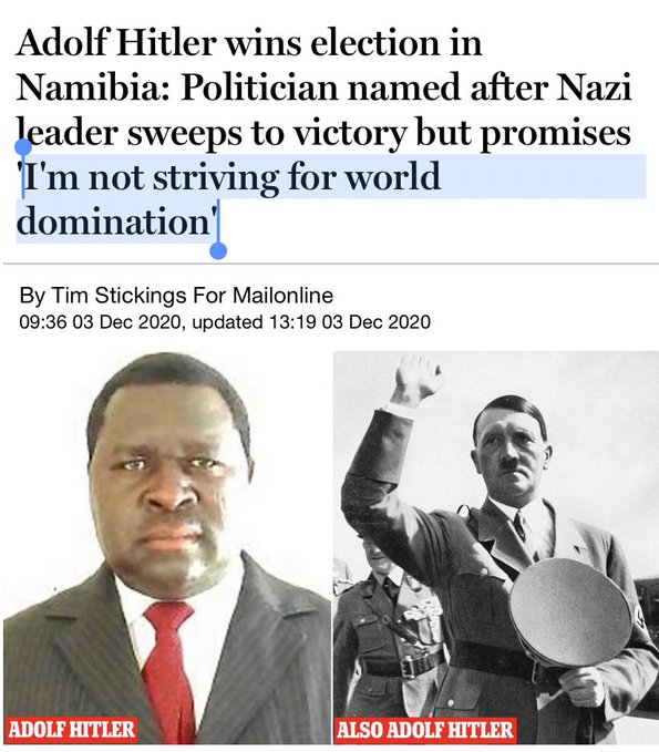 Adolf Hitler wins election in Namibia, promises he's an OK guy